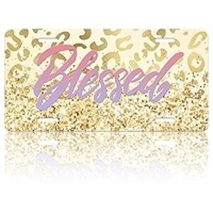 NWT “BLESSED” Pink & Gold Tiger Background Front License Plate